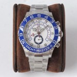 Rolex Yacht-Master series, white dial, blue bezel, silver case, 44mm, silver Oyster bracelet.